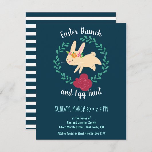 PaasBrunch en Egg Hunt Spring Bunny Navy Kaart (Voorkant / Achterkant)