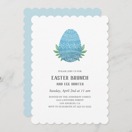 Paasbrunch en eierjacht. Blauwe lente uitnodiging (Voorkant / Achterkant)