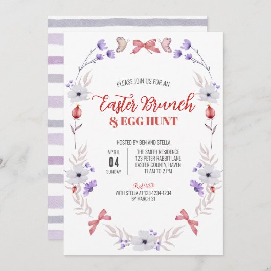 Paasbrunch en eierjacht, Paarse witte bloem Kaart (Voorkant / Achterkant)