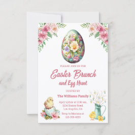 Paasbrunch en eierjacht, roze bloemenkippen kaart