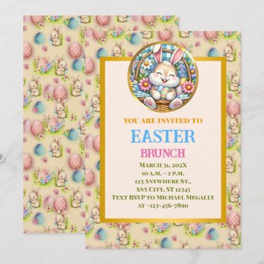 PAASBRUNCH, Knuffelkonijn, Eieren en Bloemen Kaart (Voorkant / Achterkant)