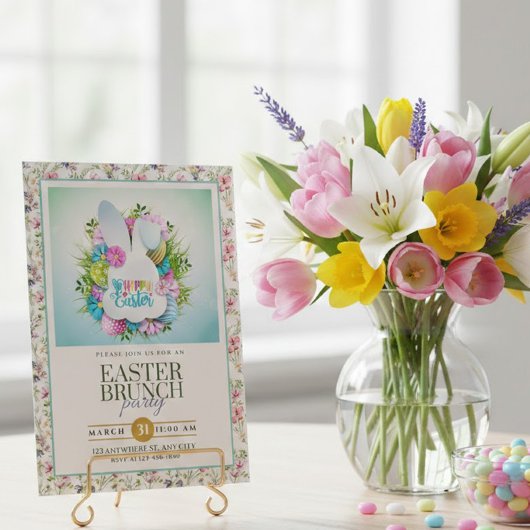 Paasbrunch – Konijn bloemenkrans Feest Aankondiging