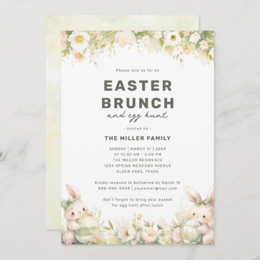 Paasbrunch Schattige Pastel Bunny Waterverf Bloeme Kaart (Voorkant / Achterkant)