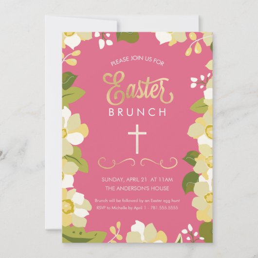 Paasbrunch uitnodiging met bloemen en gouden accen (Voorkant)