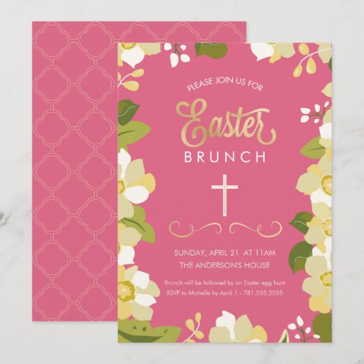 Paasbrunch uitnodiging met bloemen en gouden accen (Voorkant / Achterkant)