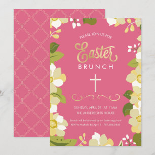 Paasbrunch uitnodiging met bloemen en gouden accen