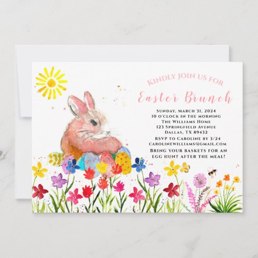 Paasbrunch Waterverf Konijneneieren Bloemen Kaart (Voorkant)