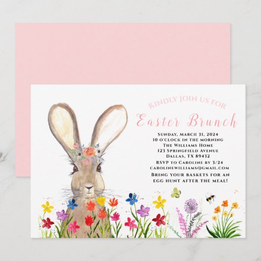Paasbrunch Waterverf Konijneneieren Bloemen Kaart (Voorkant / Achterkant)