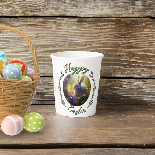paasbundel en kuiken met eimanden papieren bekers