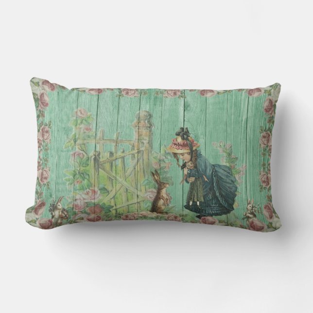  paasbundel en meisje in Roos tuin Kussen (Voorkant)