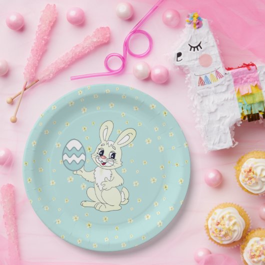 Paasbundel en trager patroon op lichtblauw papieren bordje (Feest)