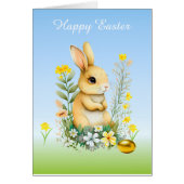 Paasbunny, bloemen en gouden eieren op lichtblauw (Voorkant)