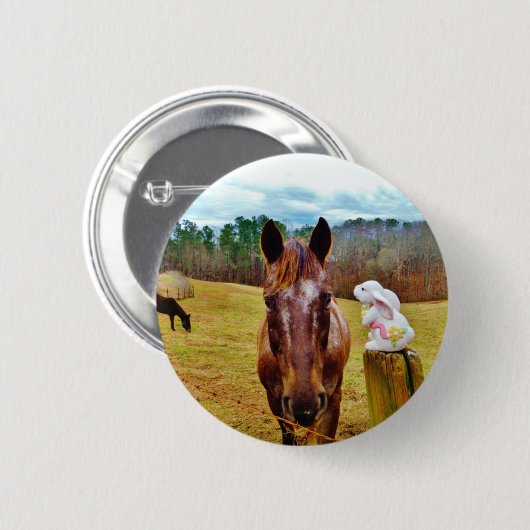 PaasBunny en bruin paard Ronde Button 5,7 Cm (Voorkant /achterkant)