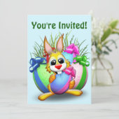 PaasBunny Funny and Cute Character Biting an Eg Kaart (Staand voorkant)