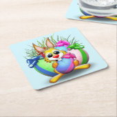 PaasBunny Funny and Cute Character Biting an Eg Kartonnen Onderzetters (Schuin)