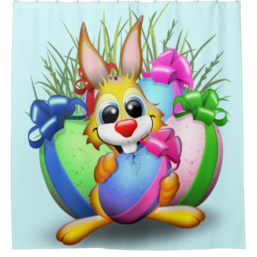 PaasBunny Funny and Cute Character Biting Eggs Douchegordijn (Voorkant)