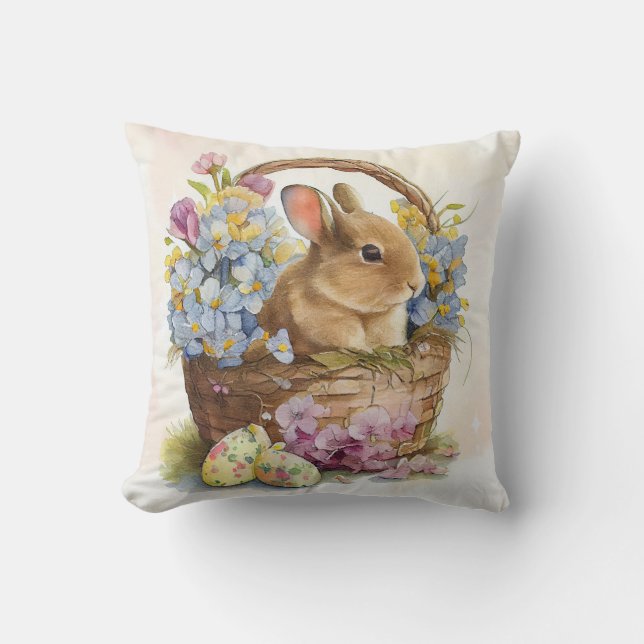  paasbunny in een mand met bloemen kussen (Voorkant)