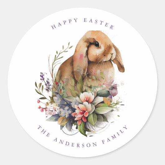 Paasbunny met bloemen ronde sticker (Voorkant)