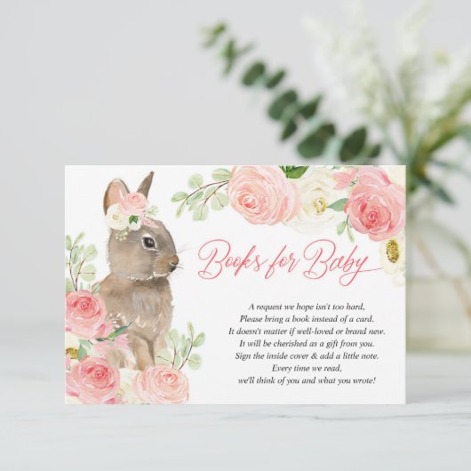 Paasbunny roze witte florale boeken voor baby informatiekaartje (Staand voorkant)