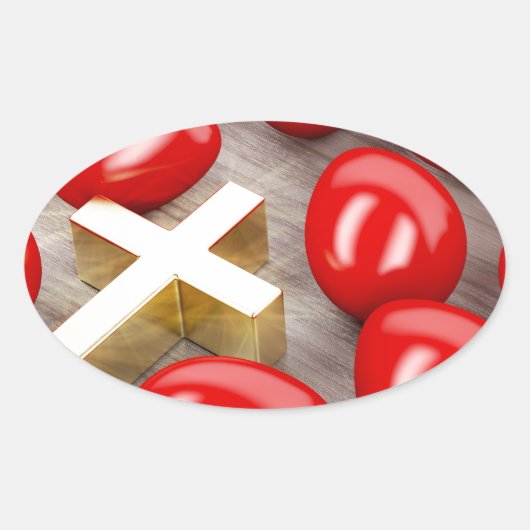 Paasdecoratie met eieren en kruis ovale sticker (Voorkant)
