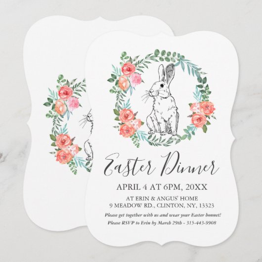 Paasdiner Bunny Boho Floral Waterverf nodigt uit Feestdagenkaart (Voorkant / Achterkant)