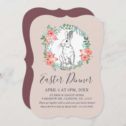 Paasdiner Bunny Chic Boho Floral Mauve Invite Feestdagenkaart (Voorkant / Achterkant)
