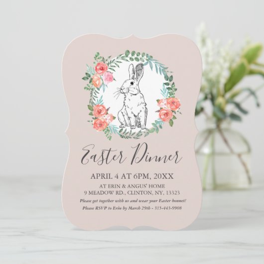 Paasdiner Bunny Chic Boho Floral Mauve Invite Feestdagenkaart (Staand voorkant)