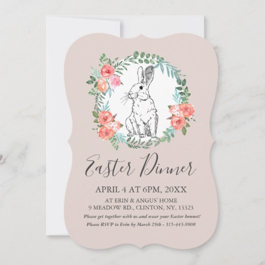 Paasdiner Bunny Chic Boho Floral Mauve Invite Feestdagenkaart (Voorkant)