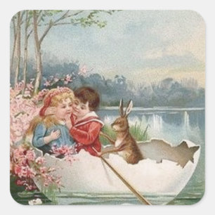 Paaseghoes Bunny Boat Young Couple Landschap Vierkante Sticker