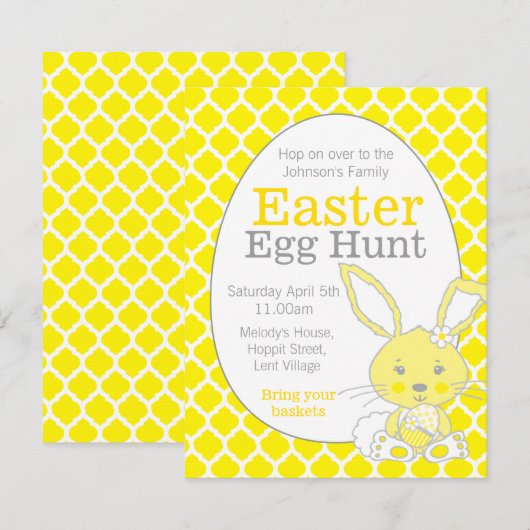 Paasei jacht geel grijs konijn uitnodigingen (Voorkant / Achterkant)