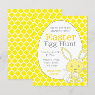 Paasei jacht geel grijs konijn uitnodigingen