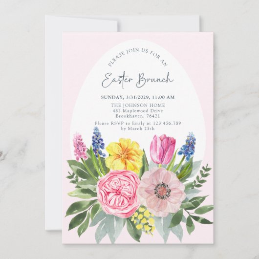 Paasei, roze, bloemenbrunch uitnodiging (Voorkant)