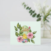 Paaseieren, Baby chick, roze lentbloemen Briefkaart (Staand voorkant)