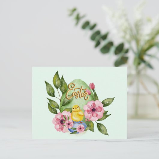 Paaseieren, Baby chick, roze lentbloemen Briefkaart (Staand voorkant)