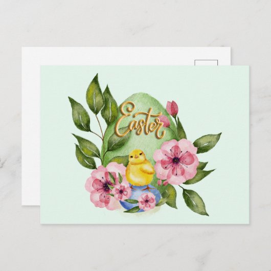 Paaseieren, Baby chick, roze lentbloemen Briefkaart (Voorkant / Achterkant)