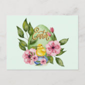 Paaseieren, Baby chick, roze lentbloemen Briefkaart (Voorkant)