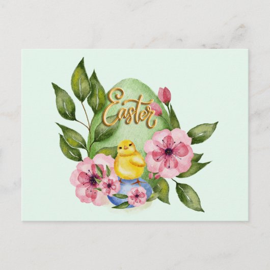 Paaseieren, Baby chick, roze lentbloemen Briefkaart (Voorkant)