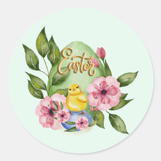 Paaseieren, Baby chick, roze lentbloemen Ronde Sticker (Voorkant)