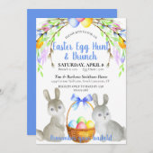 Paaseieren, Bunnies, Spring Flowers Blue Brunch Kaart (Voorkant / Achterkant)