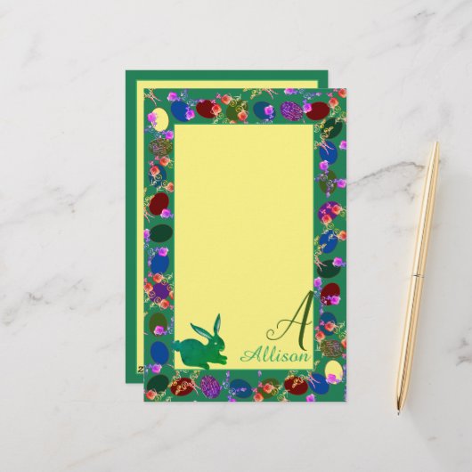 Paaseieren en bunny Monogram Briefpapier (Voorkant / Achterkant in situ)