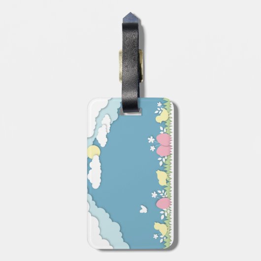 Paaseieren en kuikens in de natuur van het voorjaa bagagelabel (Achterkant verticaal)