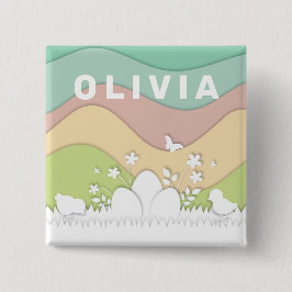Paaseieren en kuikens in de pastellente-natuur vierkante button 5,1 cm