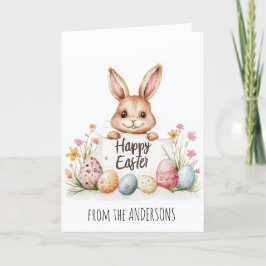 Paaseieren en schattig konijntje op de achtergrond feestdagen kaart