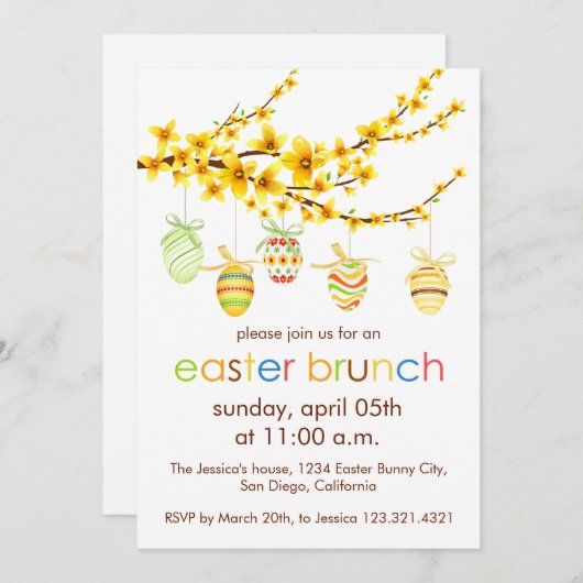 Paaseieren, Forsythia Branch Paasuitnodiging Kaart (Voorkant / Achterkant)