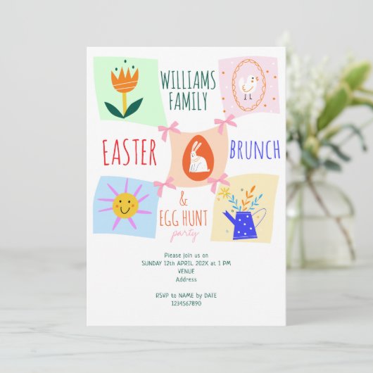 Paaseieren Hunt Wavy Checkerboard Bunny Brunch Bow Kaart (Staand voorkant)