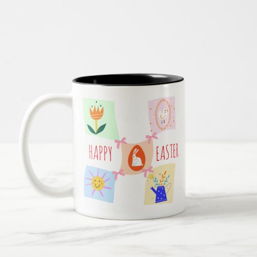 Paaseieren Hunt Wavy Checkerboard Bunny Brunch Bow Tweekleurige Koffiemok (Links)