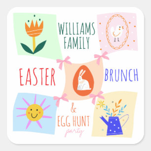 Paaseieren Hunt Wavy Checkerboard Bunny Brunch Bow Vierkante Sticker