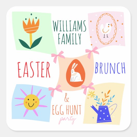 Paaseieren Hunt Wavy Checkerboard Bunny Brunch Bow Vierkante Sticker (Voorkant)