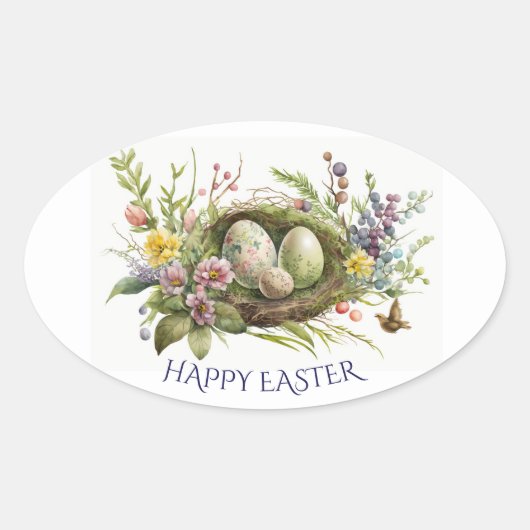 Paaseieren in een bloemnest ovale sticker (Voorkant)