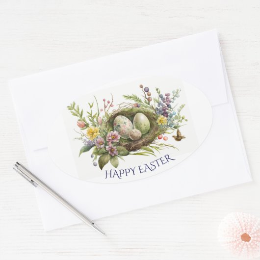 Paaseieren in een bloemnest ovale sticker (Envelop)